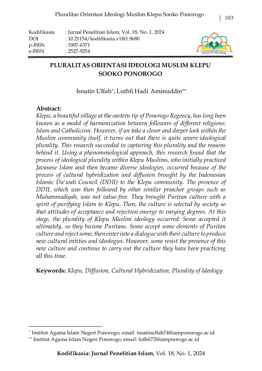 JURIS Pluralitas Orientasi Ideologi Muslim Klepu Sooko Ponorogo