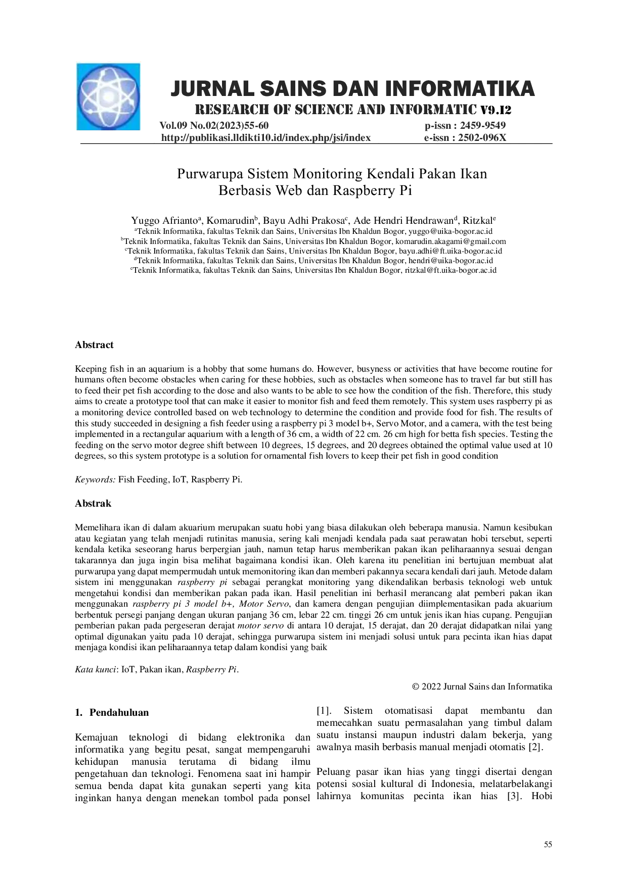 JURIS Purwarupa Sistem Monitoring Kendali Pakan Ikan Berbasis Web dan Raspberry Pi