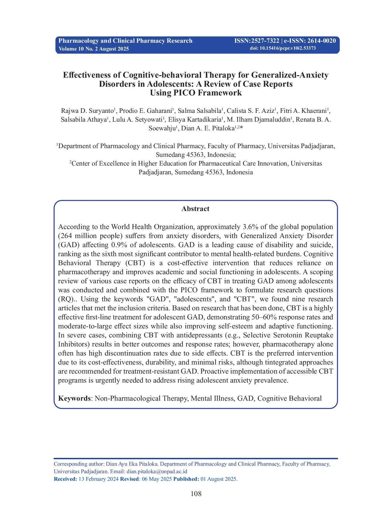 JURIS Effectiveness of Cognitive behavioral Therapy for Generalized Anxiety Disorders in Adolescents A Systematic Review Using PICO Framework
