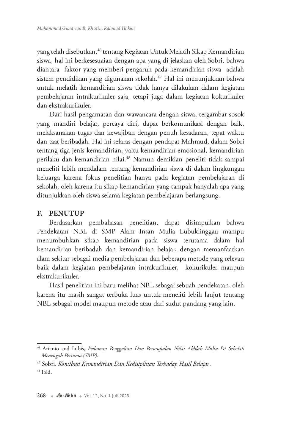 JURIS Pendekatan Nature Based Learning dalam Melatih Sikap Kemandirian Siswa di SMP Alam Insan Mulia Lubuklinggau