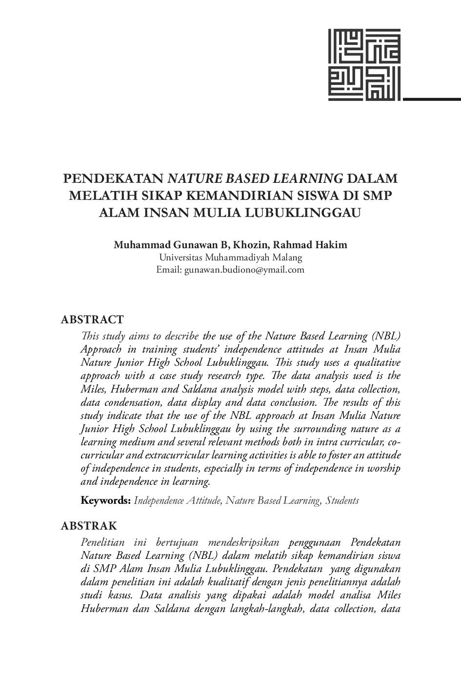 JURIS Pendekatan Nature Based Learning dalam Melatih Sikap Kemandirian Siswa di SMP Alam Insan Mulia Lubuklinggau