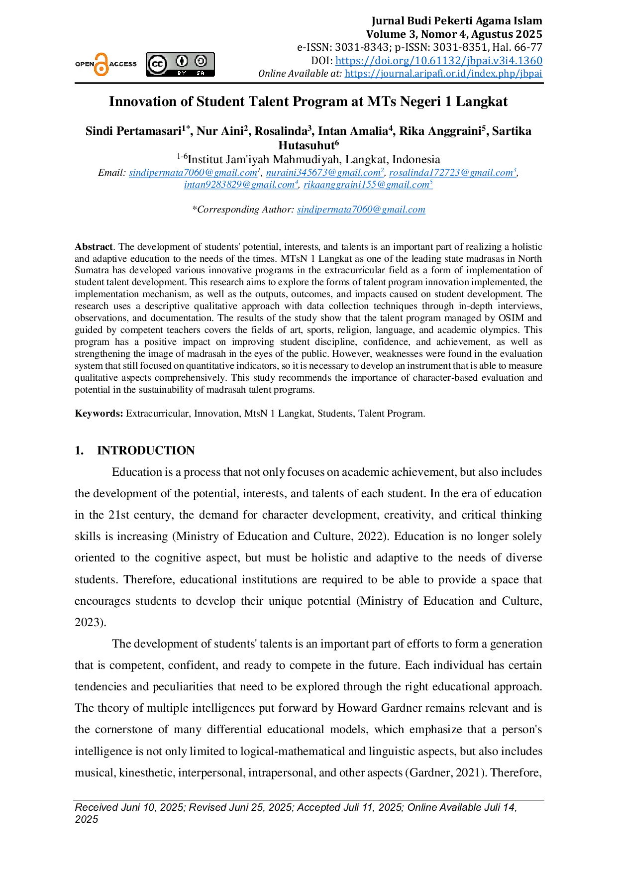 JURIS Innovation of Student Talent Program at MTs Negeri 1 Langkat