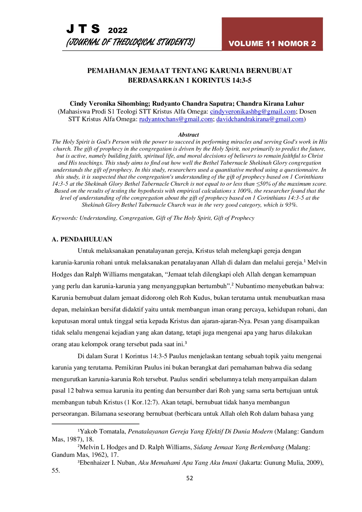 JURIS Pemahaman Jemaat Tentang Karunia Bernubuat Berdasarkan 1 Korintus 14 3 5