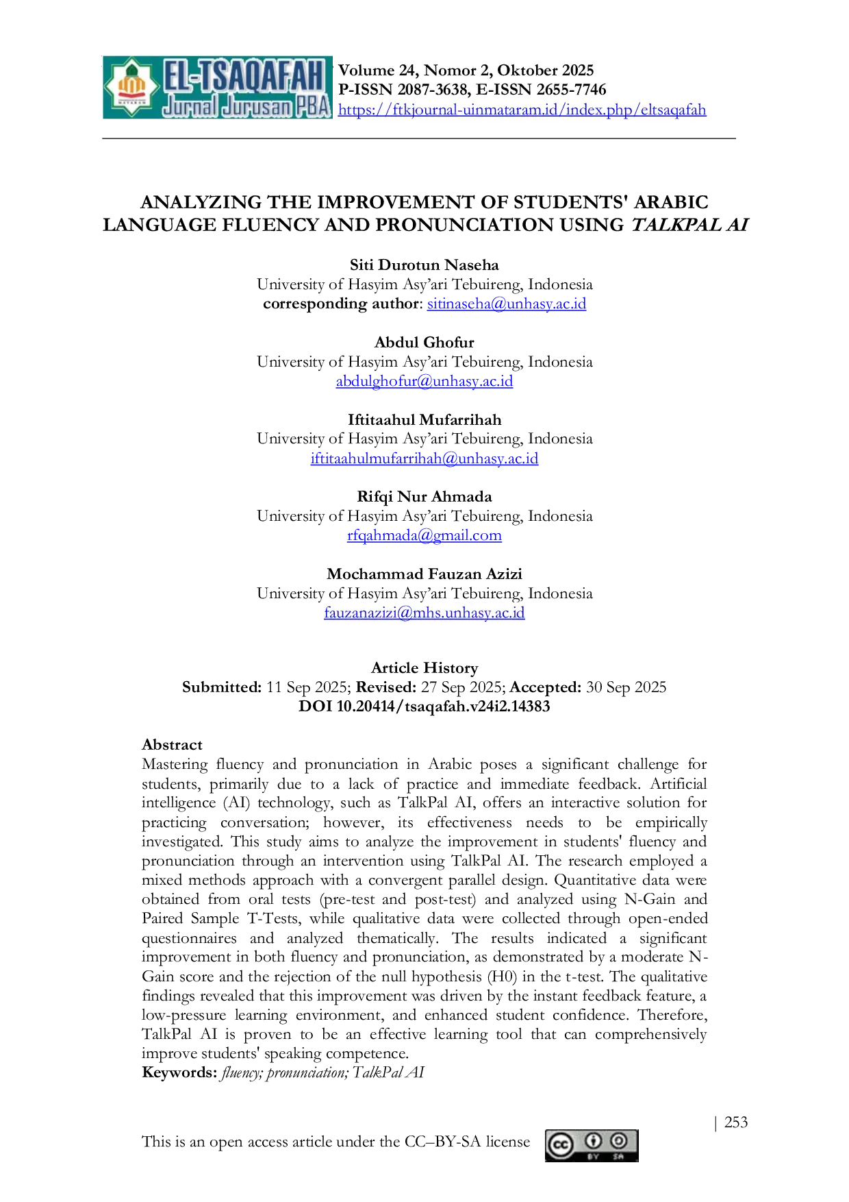 JURIS Analyzing the Improvement of Students Arabic Language Fluency and Pronunciation Using TalkPal AI