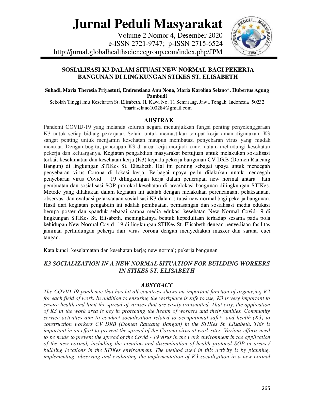 JURIS K3 Socialization in a New Normal Situation for Building Workers in Stikes St Elisabeth