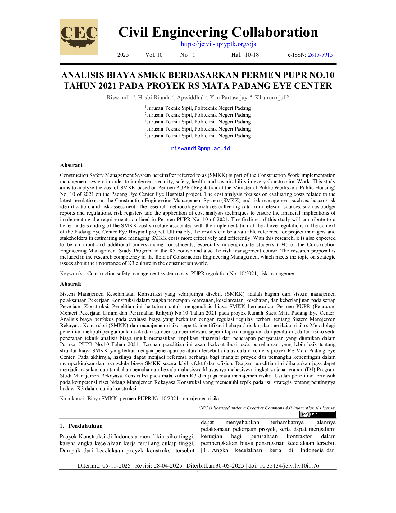JURIS Analisis Biaya SMKK Berdasarkan Permen PUPR No 10 Tahun 2021 Pada Proyek RS Mata Padang Eye Center