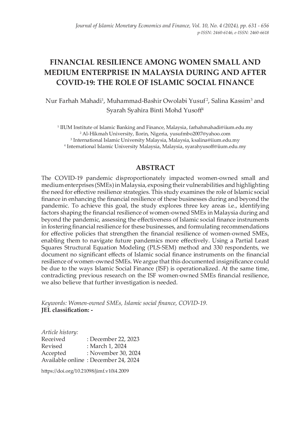 JURIS Financial Resilience among Women Small and Medium Enterprise in Malaysia during and after COVID 19 The Role of Islamic Social Finance