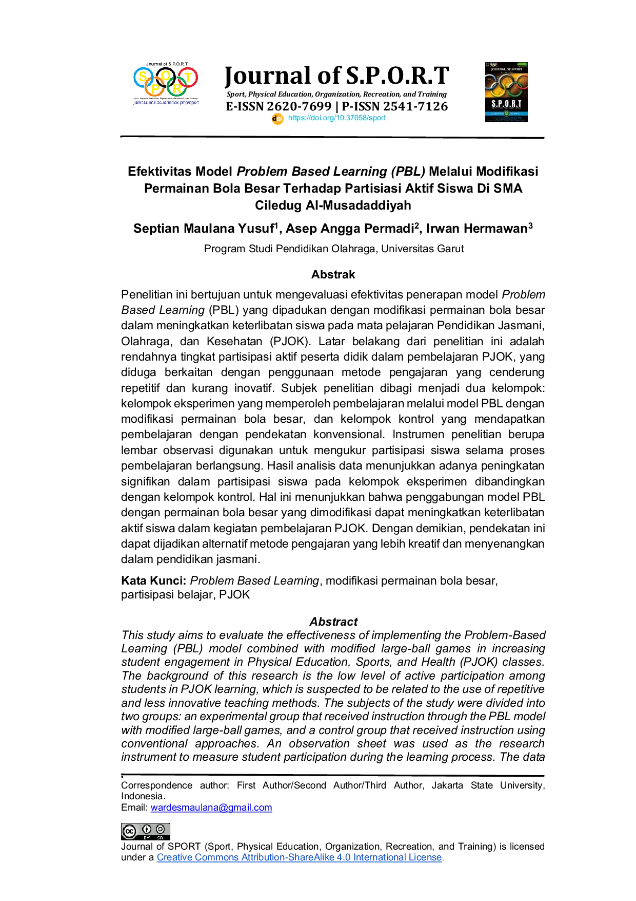 JURIS Efektivitas Model Problem Based Learning PBL Melalui Modifikasi Permainan Bola Besar Terhadap Partisipasi Aktif Siswa Di Sma Ciledug Al Musadaddiyah