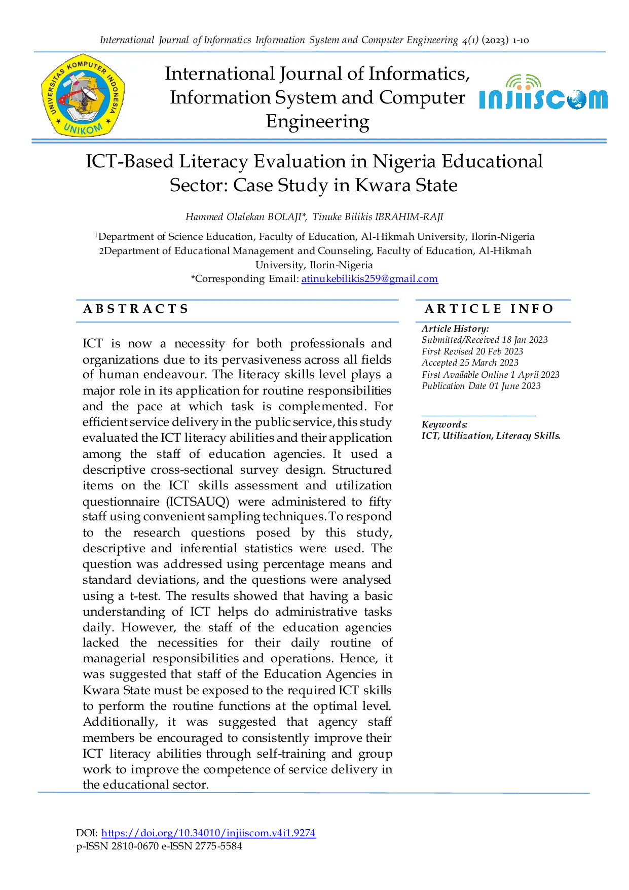 JURIS ICT Based Literacy Evaluation in Nigeria Educational Sector Case Study in Kwara State
