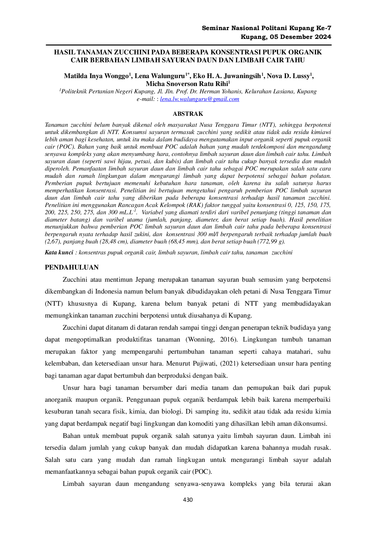 JURIS Hasil Tanaman Zucchini Pada Beberapa Konsentrasi Pupuk Organik Cair Berbahan Limbah Sayuran Daun Dan Limbah Cair Tahu