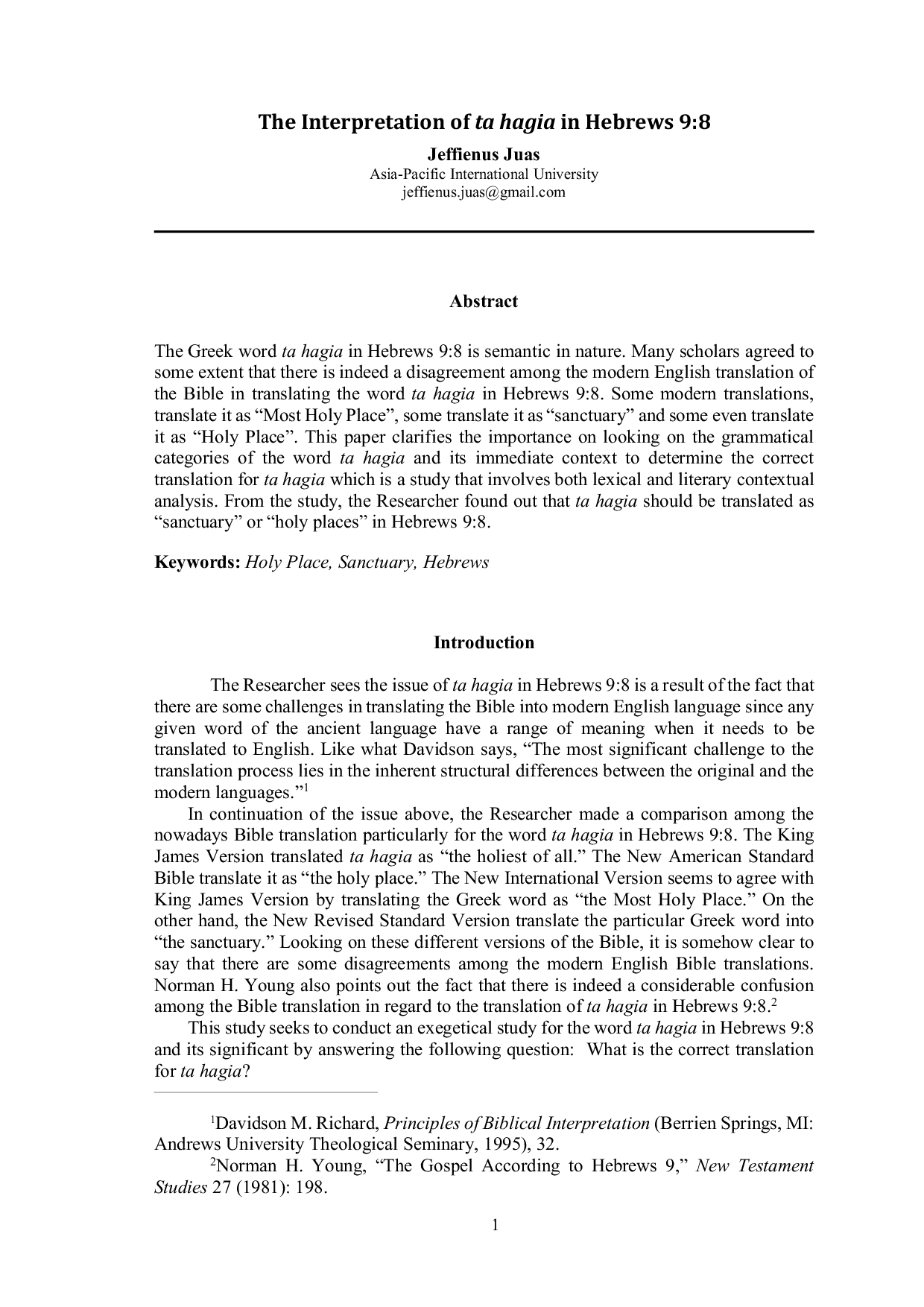 JURIS The Interpretation of ta hagia in Hebrews 9 8