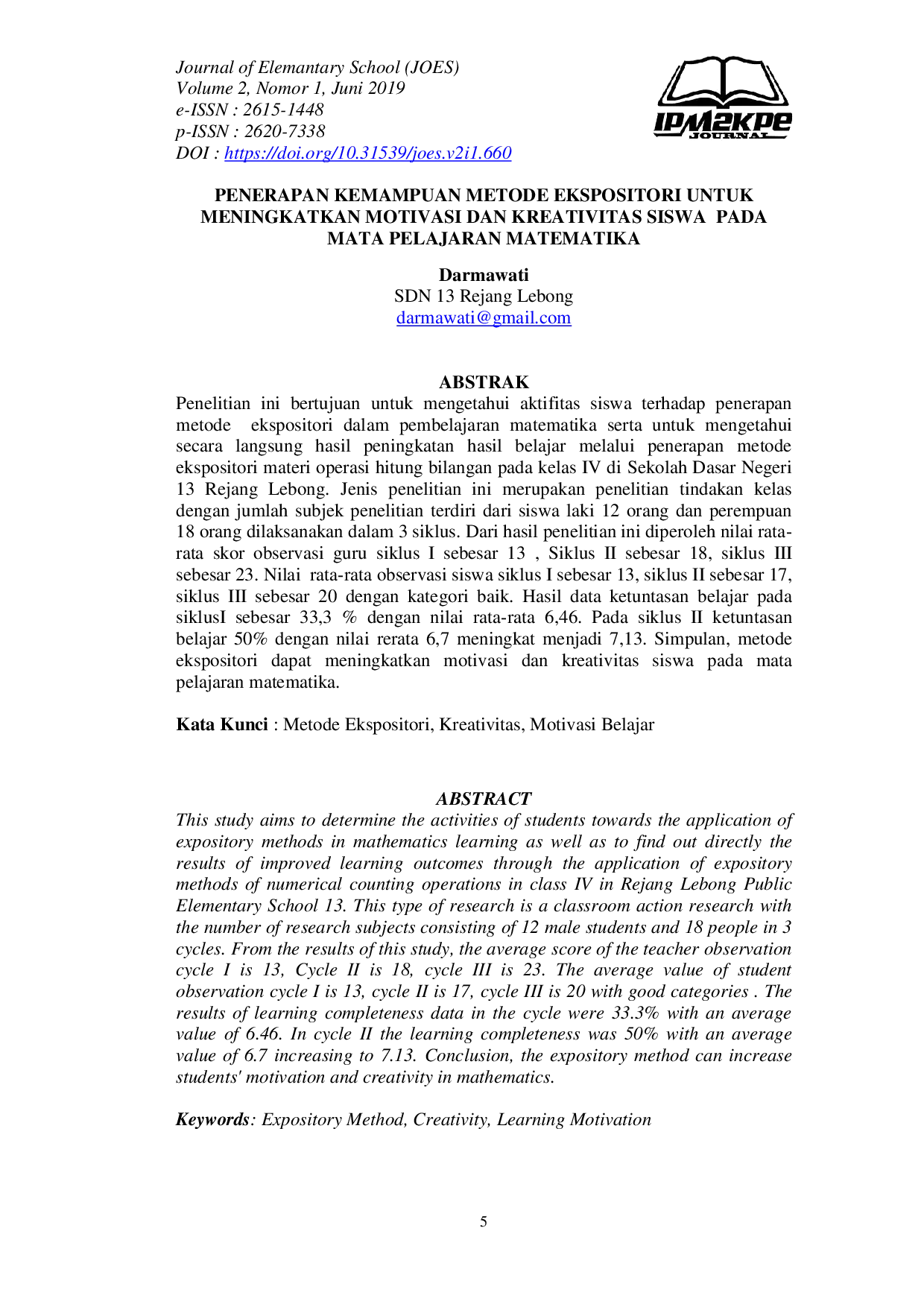 JURIS Penerapan Kemampuan Metode Ekspositori untuk Meningkatkan Motivasi dan Kreativitas Siswa pada Mata Pelajaran Matematika