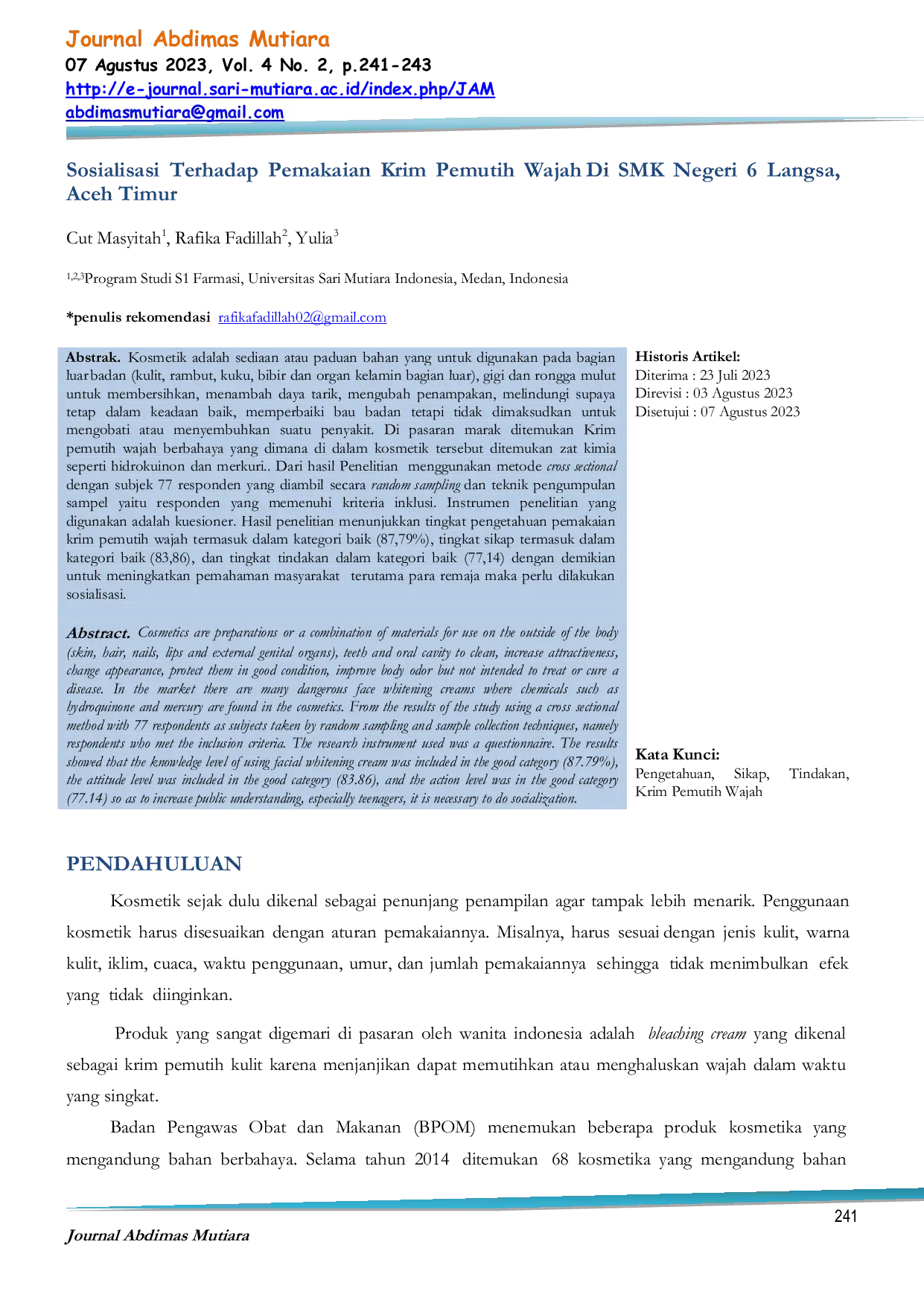 JURIS Sosialisasi Terhadap Pemakaian Krim Pemutih Wajah Di SMK Negeri 6 Langsa Aceh Timur