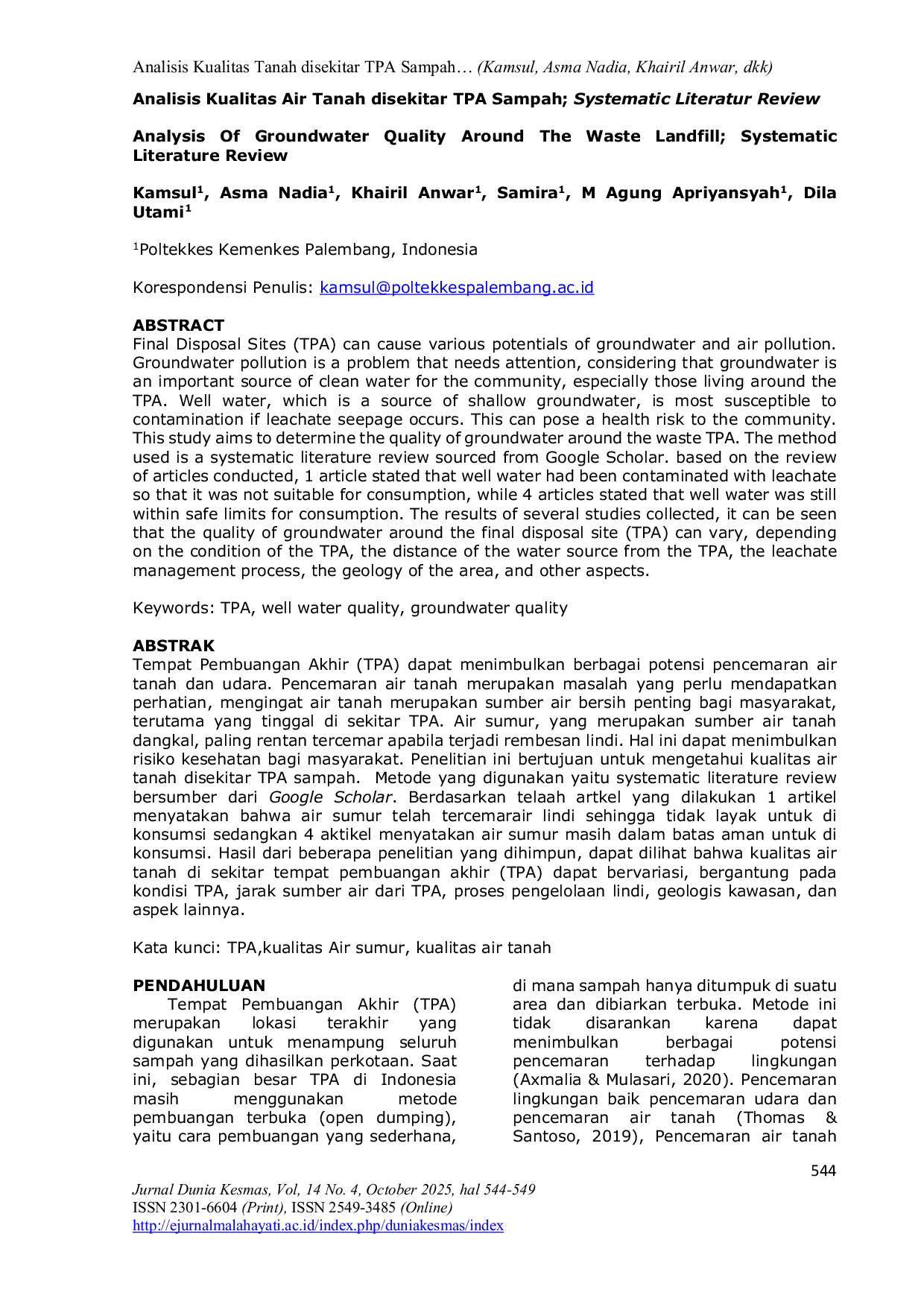 JURIS Analisis Kualitas Air Tanah disekitar TPA Sampah Systematic Literatur Review