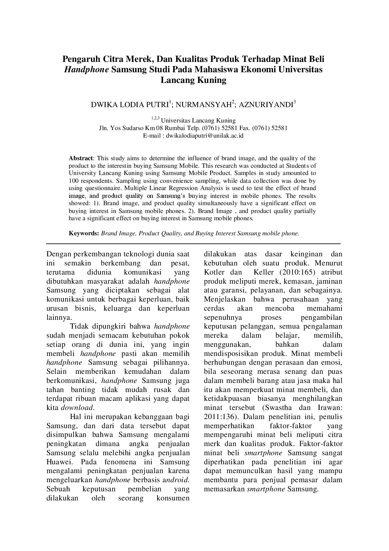 juris PENGARUH CITRA MEREK DAN KUALITAS PRODUK TERHADAP MINAT BELI HANDPHONE SAMSUNG Studi Pada Mahasiswa Ekonomi Universitas Lancang Kuning