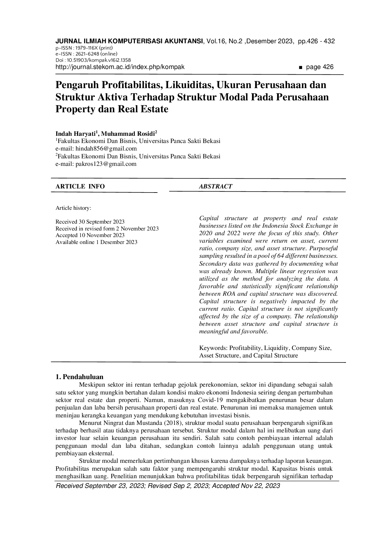 JURIS Pengaruh Profitabilitas Likuiditas Ukuran Perusahaan dan Struktur Aktiva Terhadap Struktur Modal Pada Perusahaan Property dan Real Estate