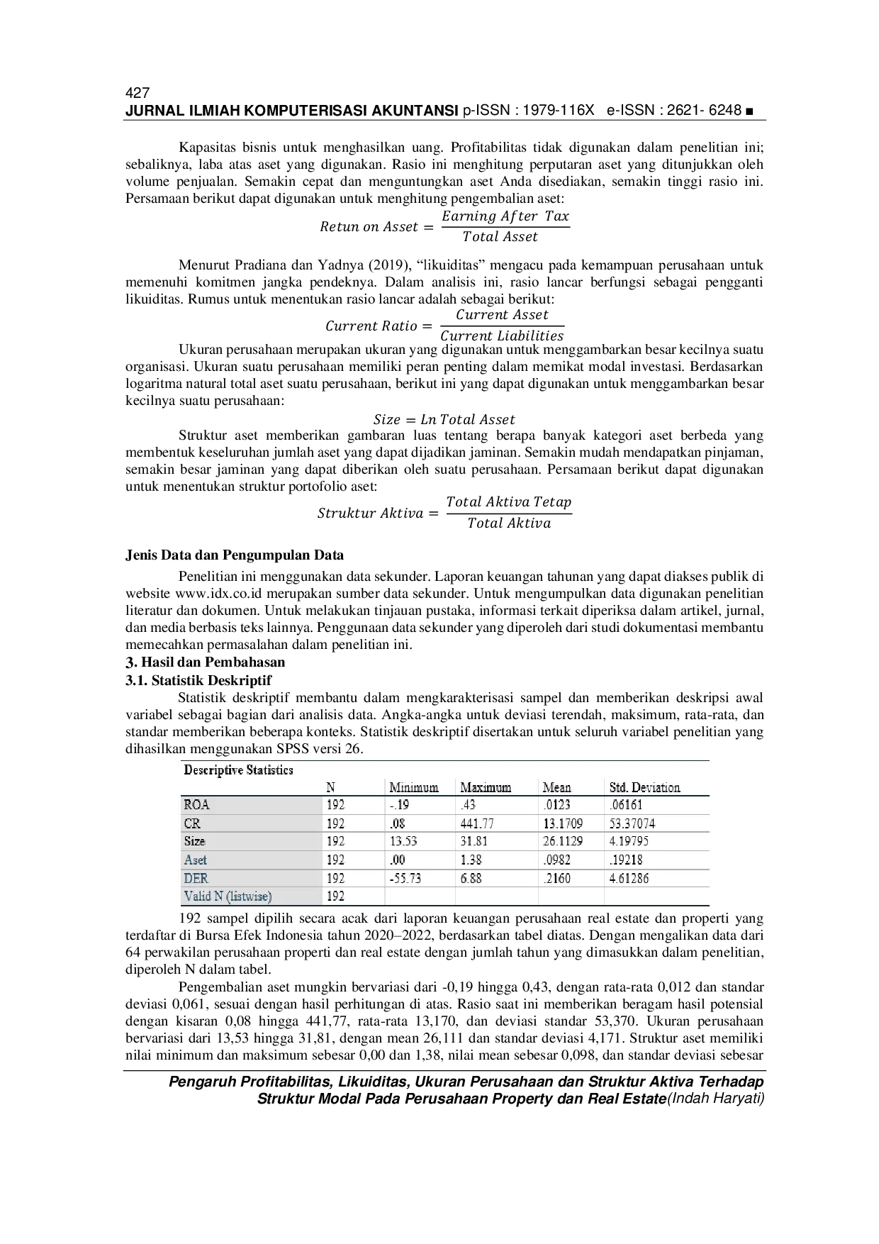 JURIS Pengaruh Profitabilitas Likuiditas Ukuran Perusahaan dan Struktur Aktiva Terhadap Struktur Modal Pada Perusahaan Property dan Real Estate