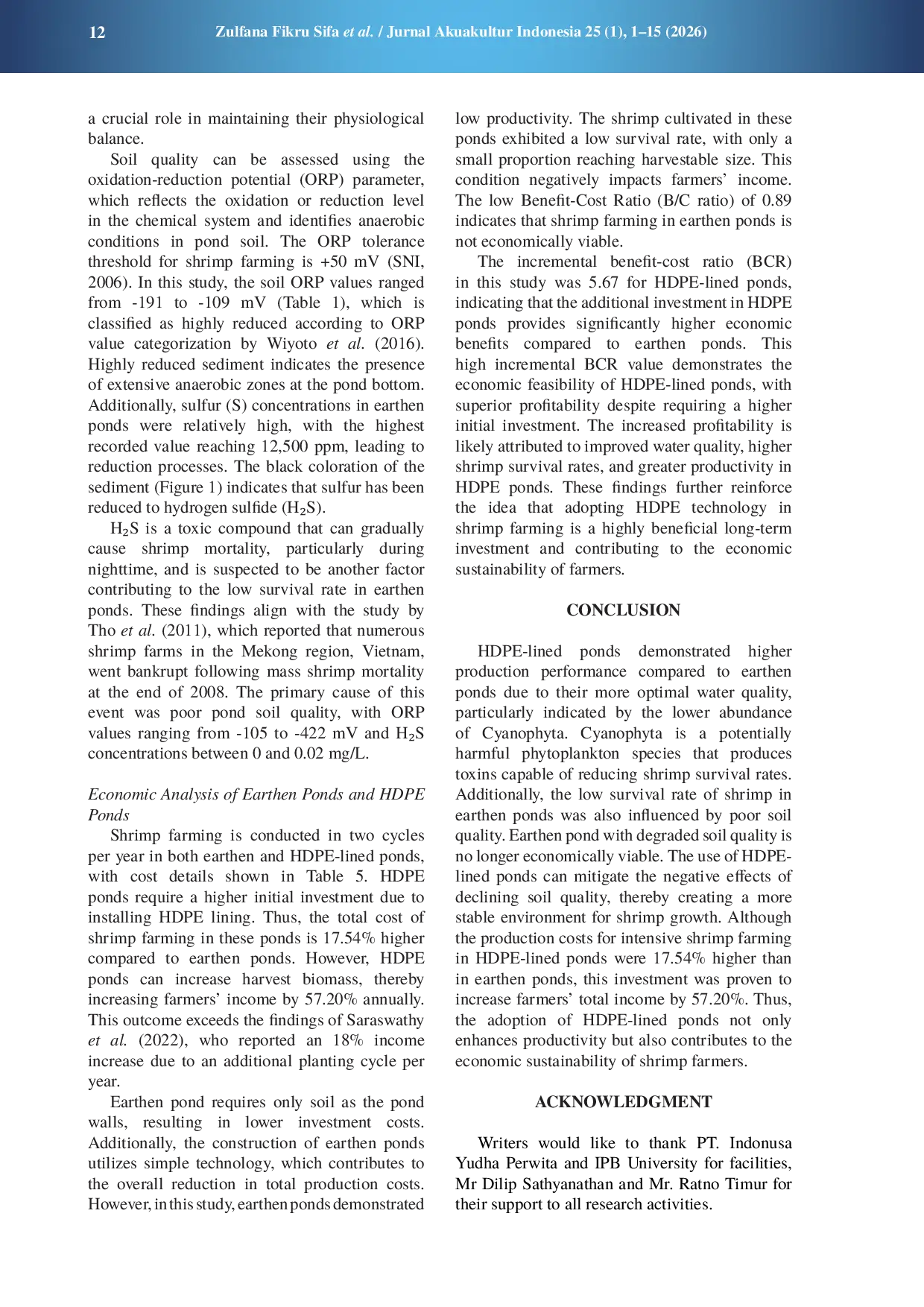 JURIS Analyze of production performance of vaname shrimp Litopenaeus vannamei culture and water quality on earthen pond and HDPE lined pond
