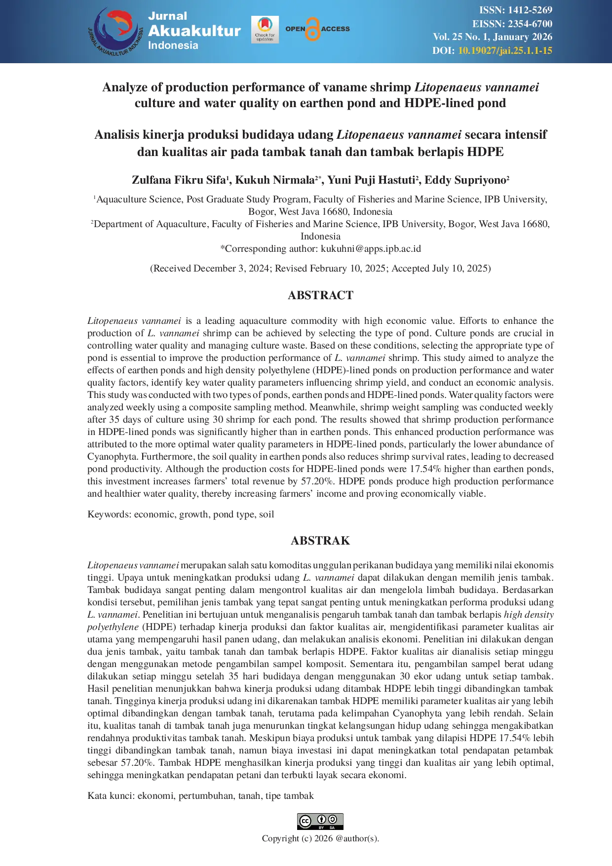 JURIS Analyze of production performance of vaname shrimp Litopenaeus vannamei culture and water quality on earthen pond and HDPE lined pond