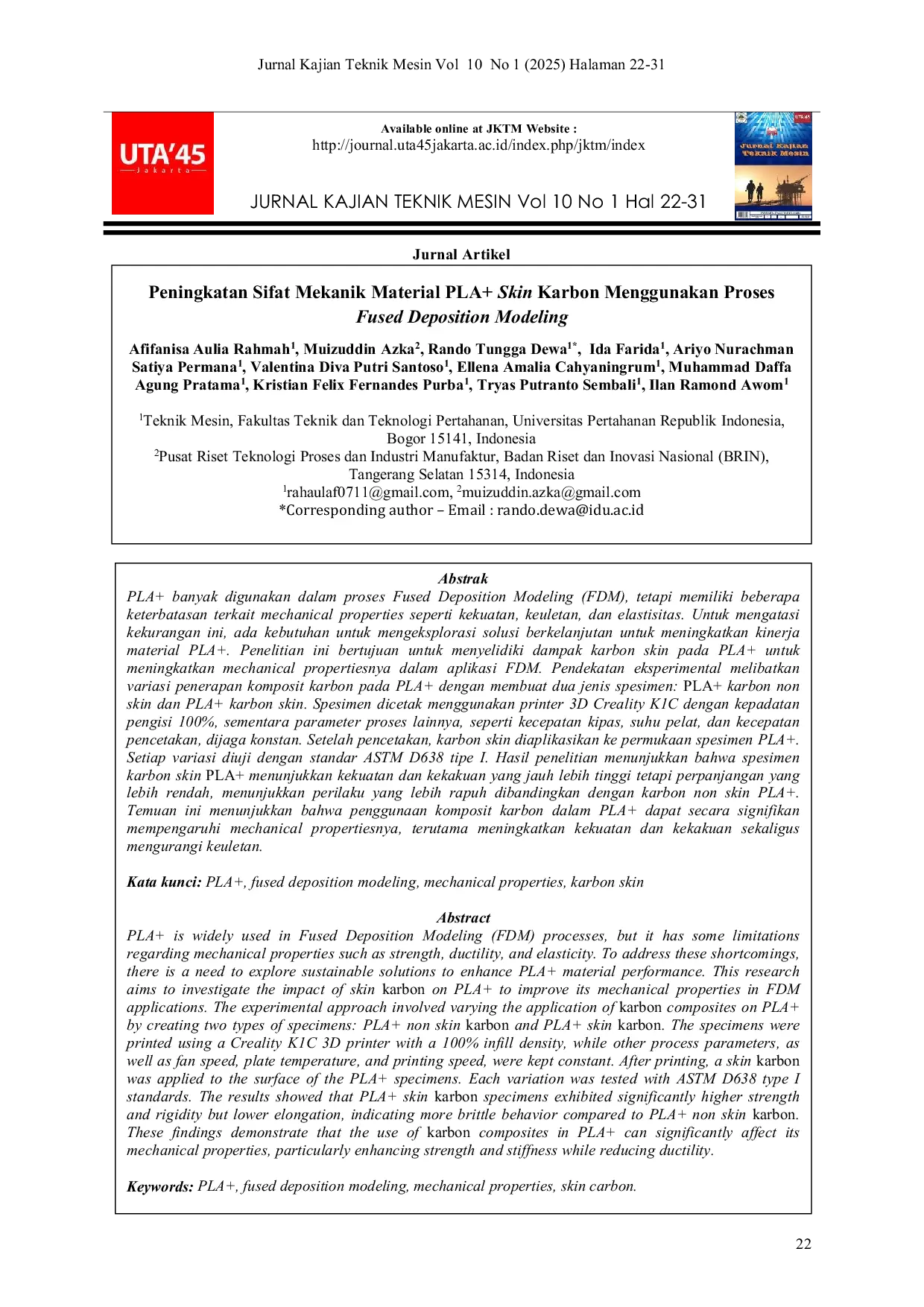 JURIS Peningkatan Sifat Mekanik Material PLA Skin Karbon Menggunakan Proses Fused Deposition Modeling
