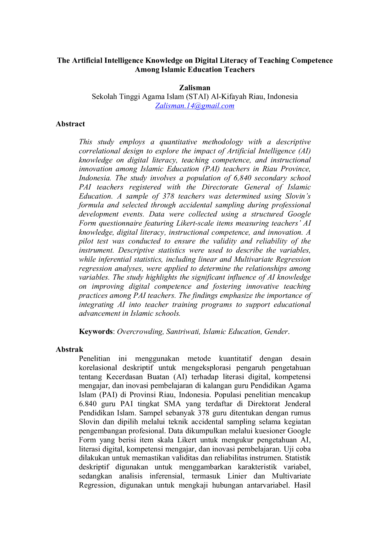 JURIS The Artificial Intelligence Knowledge on Digital Literacy of Teaching Competence Among Islamic Education Teachers