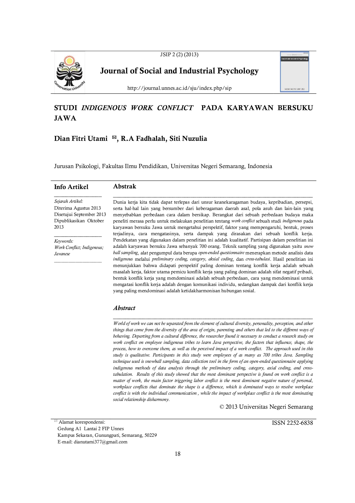JURIS Studi Indigenous Work Conflict Pada Karyawan Bersuku Jawa