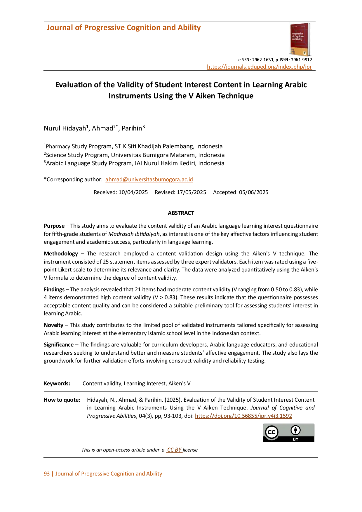 juris Evaluation of the Validity of Student Interest Content in Learning Arabic Instruments Using the V Aiken Technique