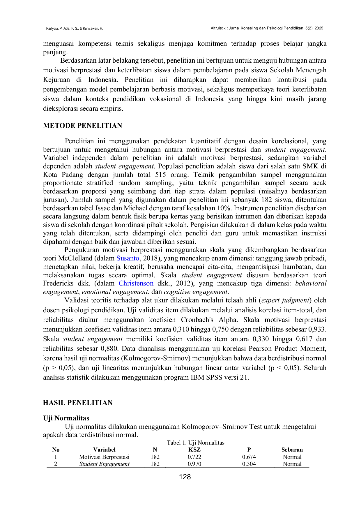 JURIS Achievement Motivation and Student Engagement A Quantitative Correlational Study of Vocational High School Students