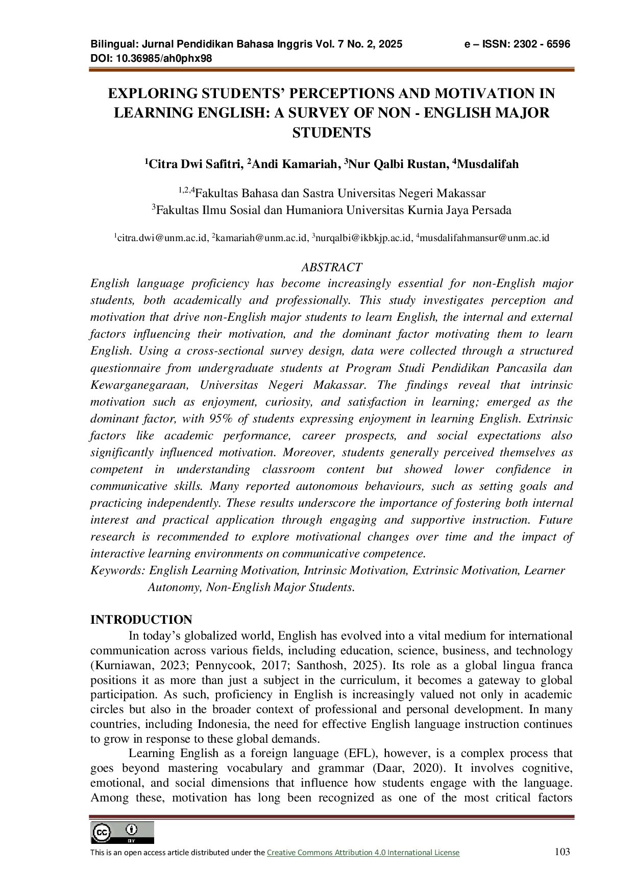 JURIS Exploring Students Perceptions and Motivation in Learning English A Survey of Non English Major Students