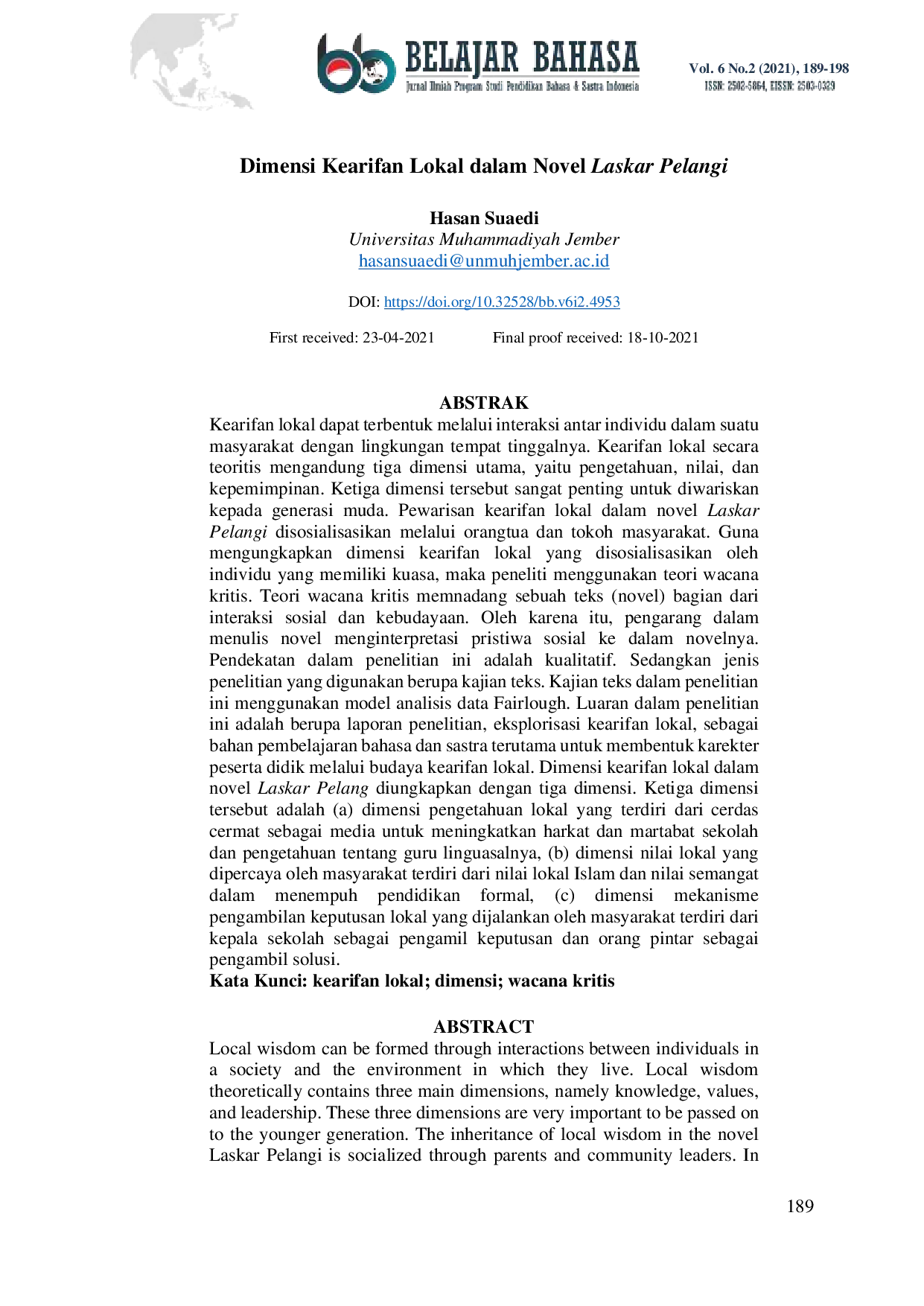 JURIS Dimensi Kearifan Lokal dalam Novel Laskar Pelangi