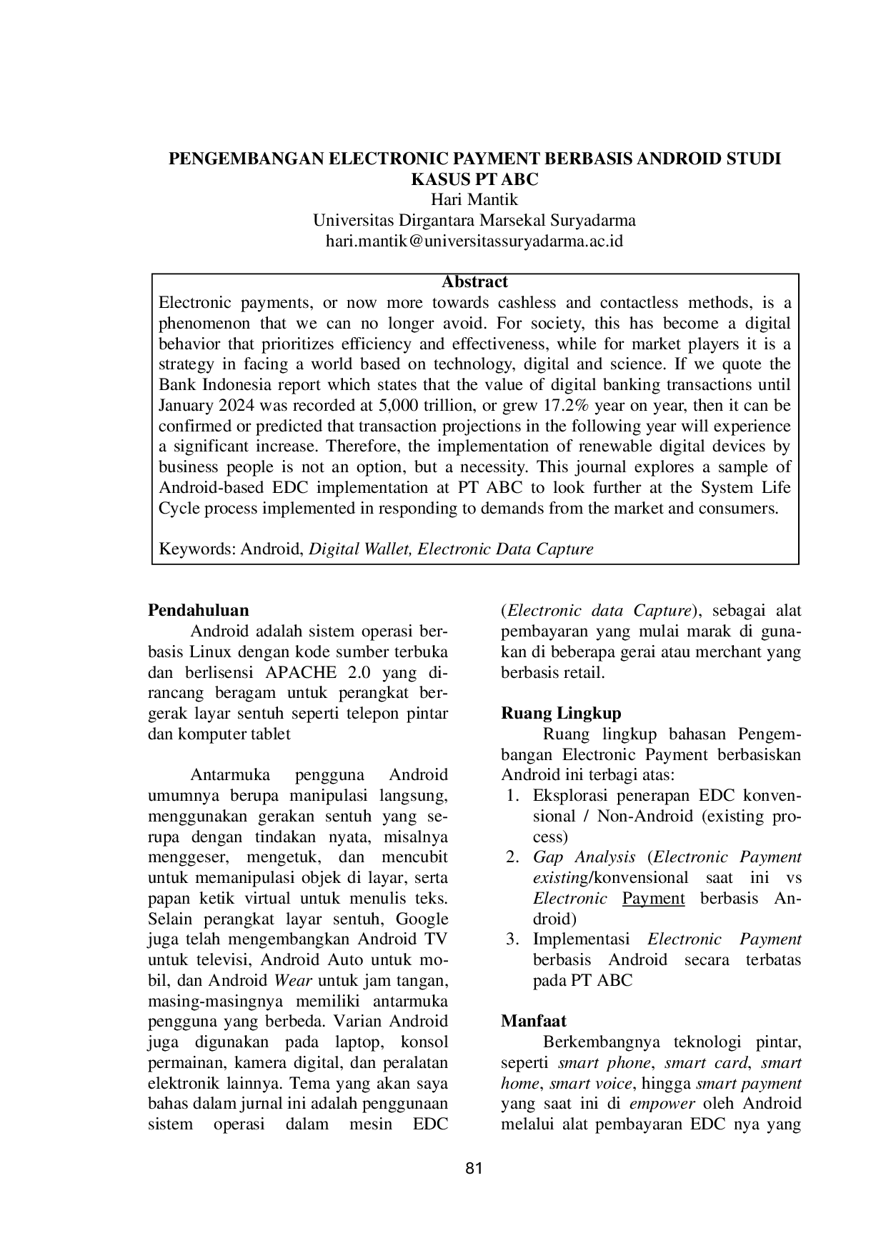 JURIS Pengembangan Electronic Payment Berbasis Android Studi Kasus Pt Abc