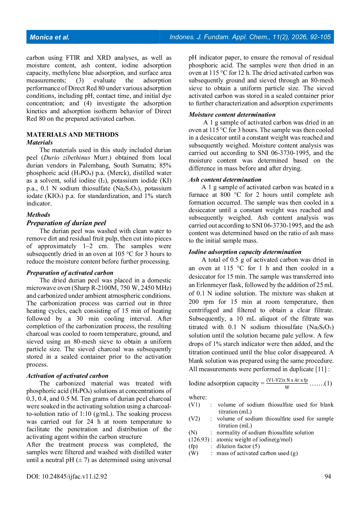 JURIS Synthesis and Characterization of Durian Peel Activated Carbon with Phosphoric Acid Activation for Direct Red 80 Adsorption