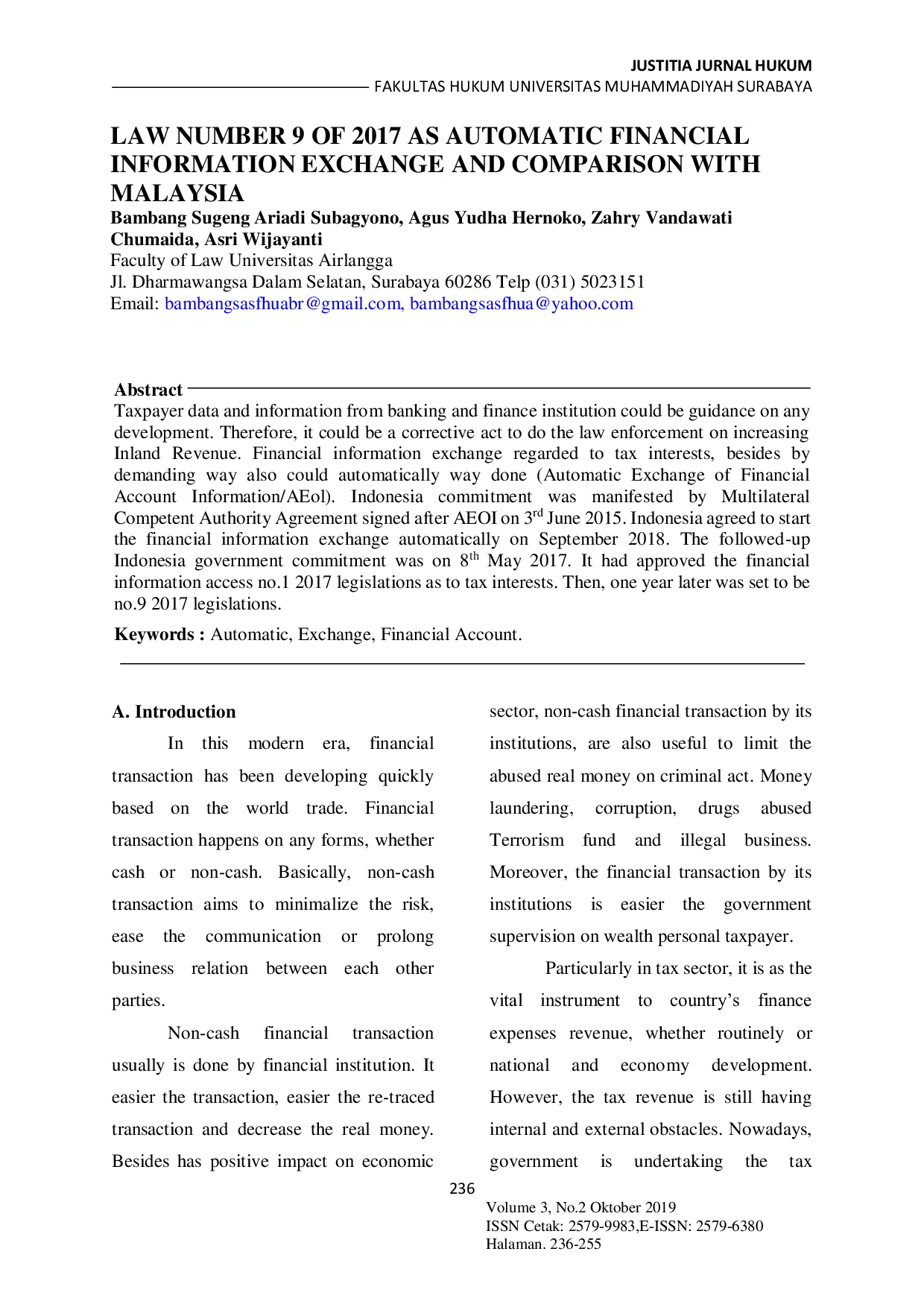 JURIS Law Number 9 of 2017 as Automatic Financial Information Exchange and Comparison with Malaysia