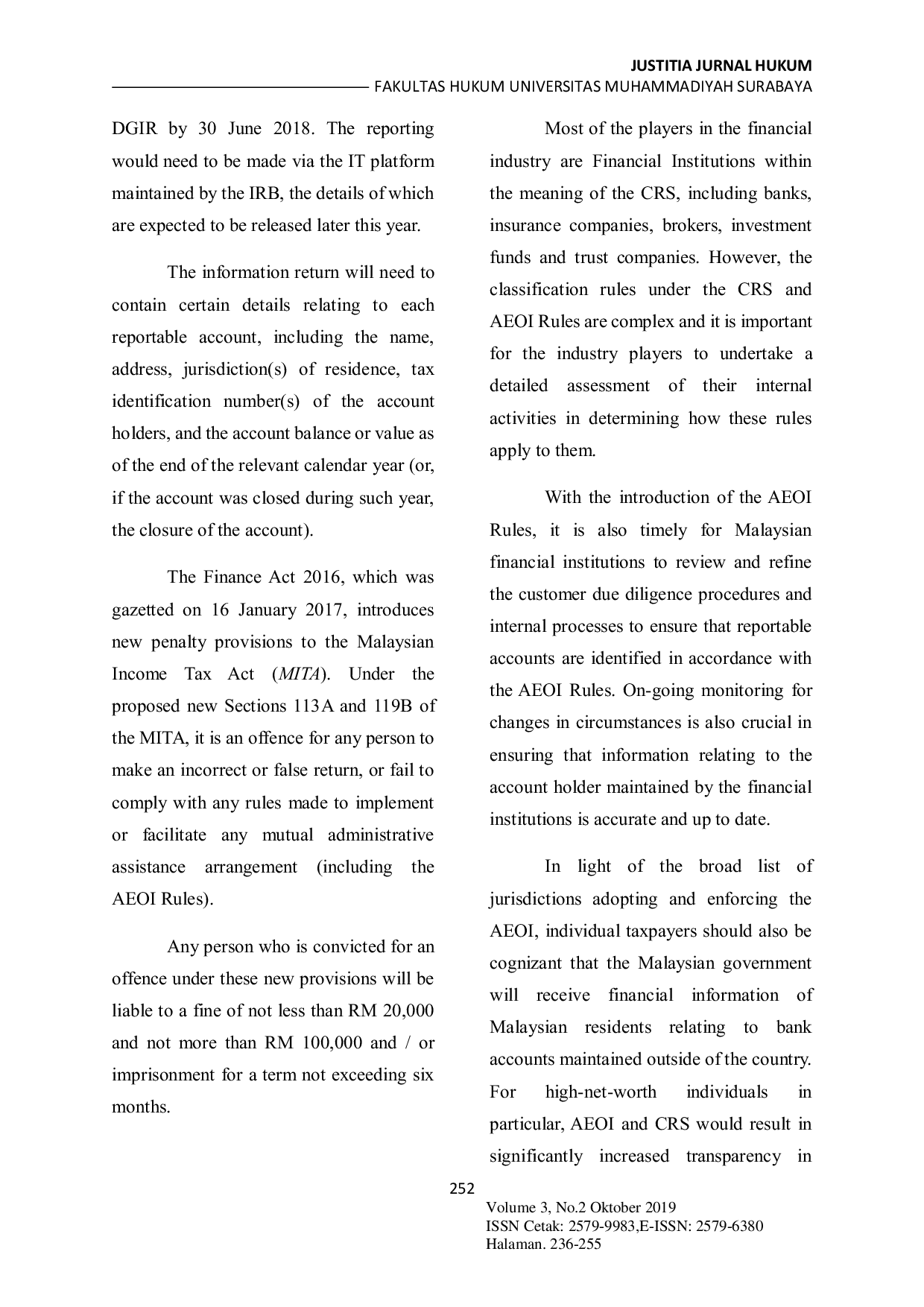 JURIS Law Number 9 of 2017 as Automatic Financial Information Exchange and Comparison with Malaysia