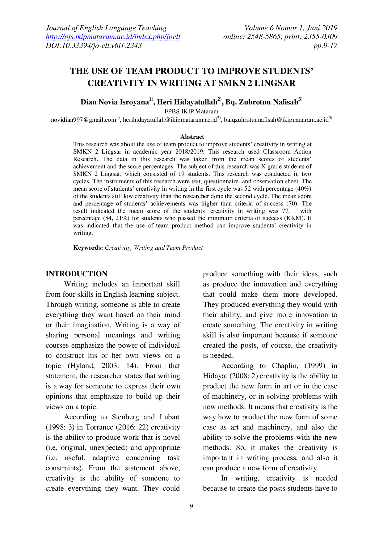 JURIS The Use of Team Product to Improve Students Creativity in Writing at Smkn 2 Lingsar