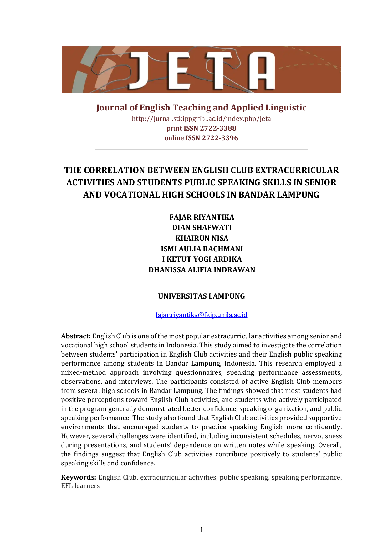 JURIS The Correlation Between English Club Extracurricular Activities and Students Public Speaking Skills in Senior and Vocational High Schools in Bandar Lampung