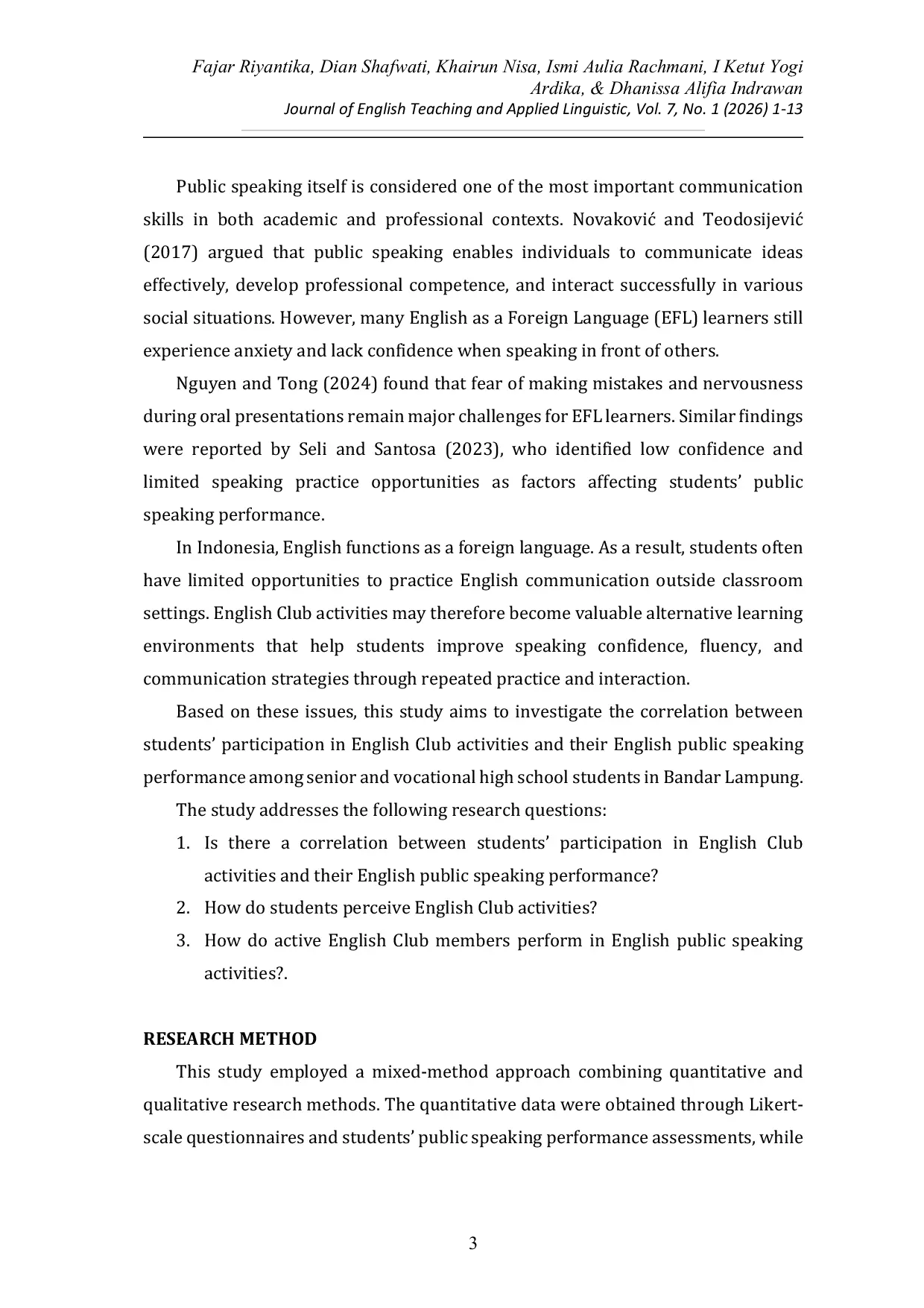 JURIS The Correlation Between English Club Extracurricular Activities and Students Public Speaking Skills in Senior and Vocational High Schools in Bandar Lampung