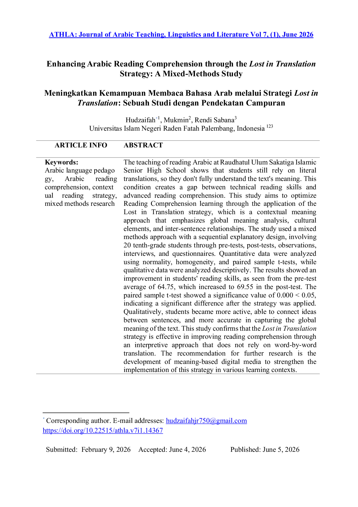 JURIS Enhancing Arabic Reading Comprehension through the Lost in Translation Strategy A Mixed Methods Study