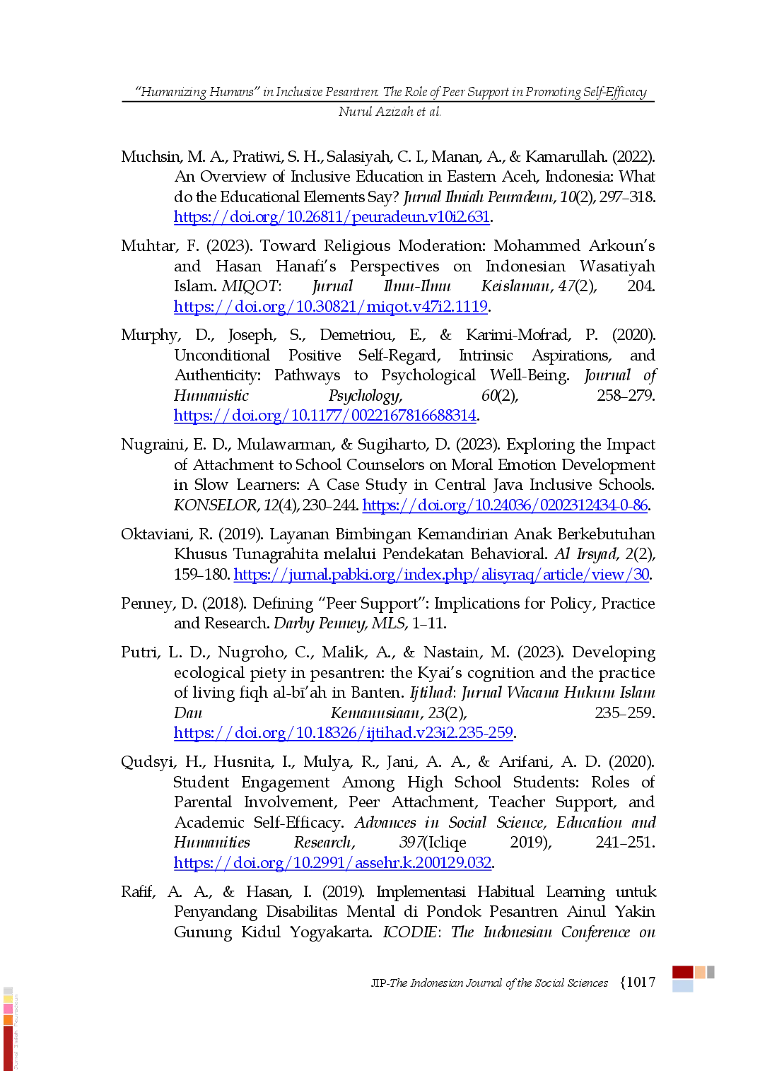 juris Humanizing Humans in Inclusive Pesantren The Role of Peer Support in Promoting Self Efficacy and Independence