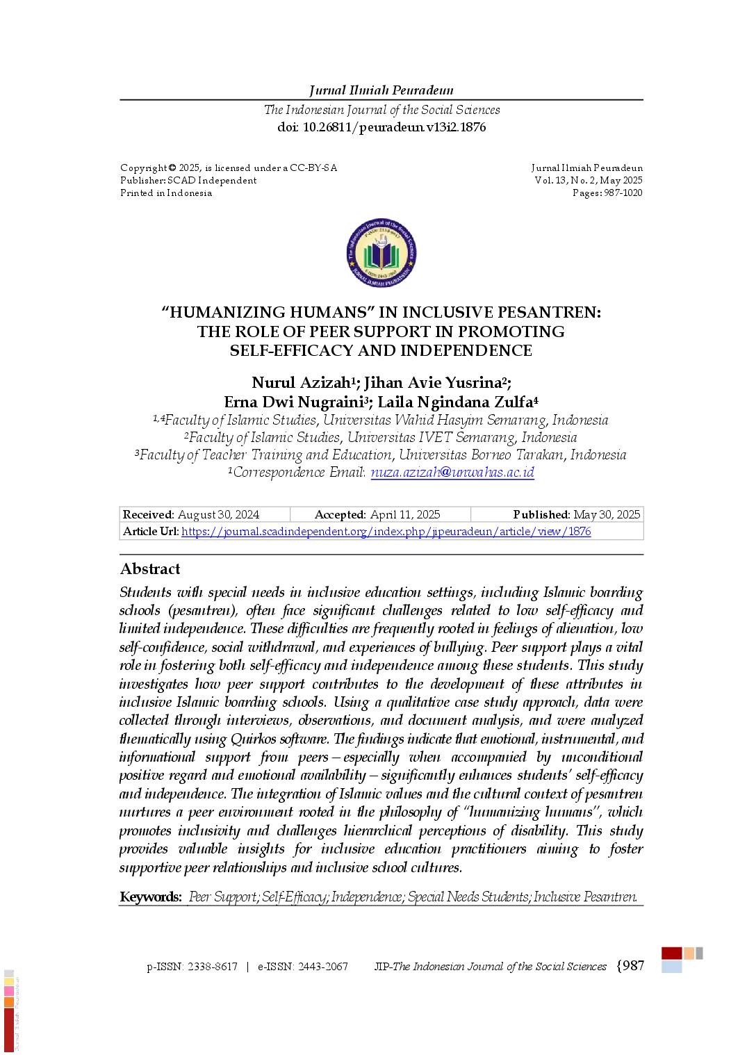 juris Humanizing Humans in Inclusive Pesantren The Role of Peer Support in Promoting Self Efficacy and Independence
