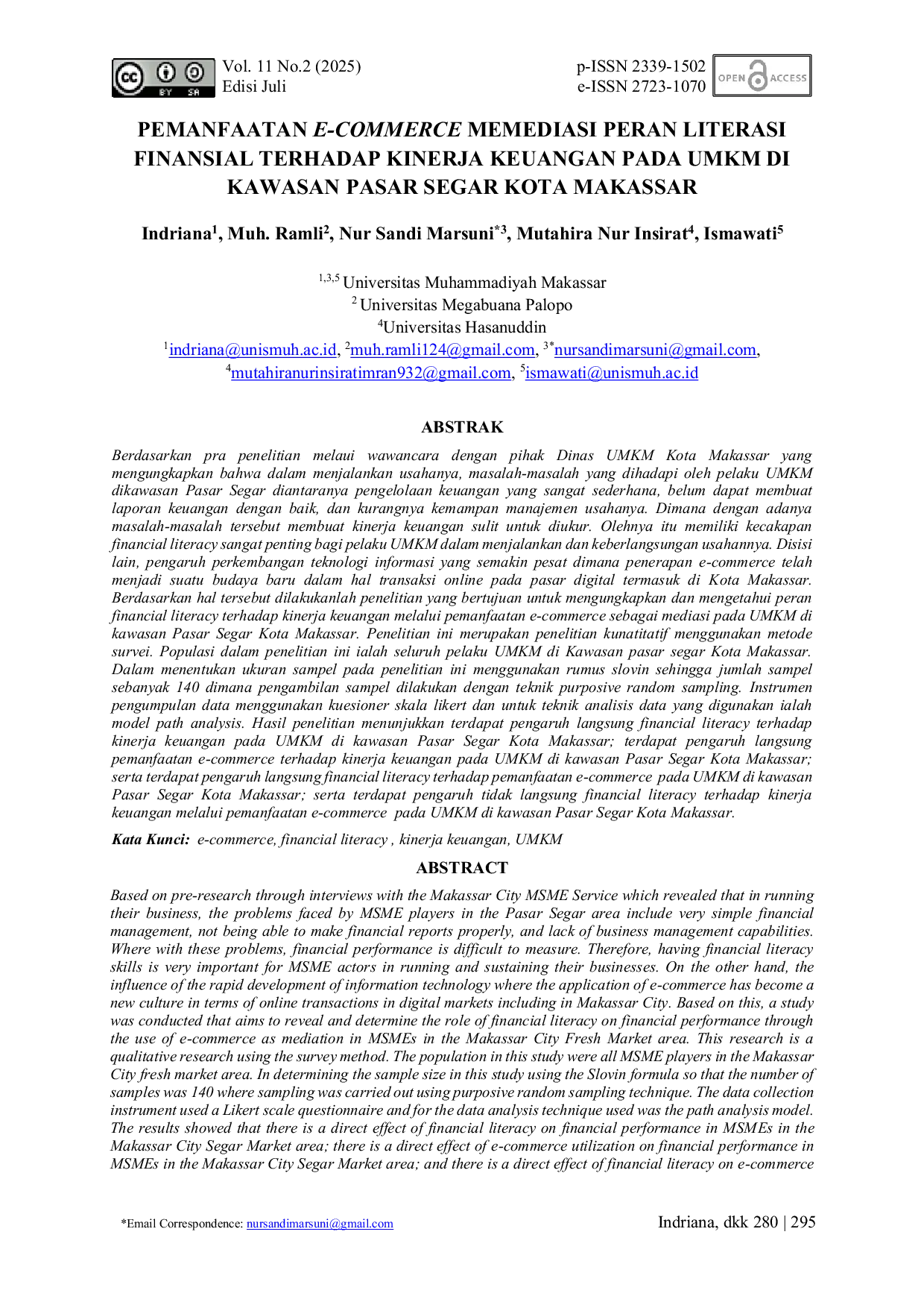 JURIS Pemanfaatan E Commerce Memediasi Peran Literasi Finansial Terhadap Kinerja Keuangan Pada UMKM Di Kawasan Pasar Segar Kota Makassar