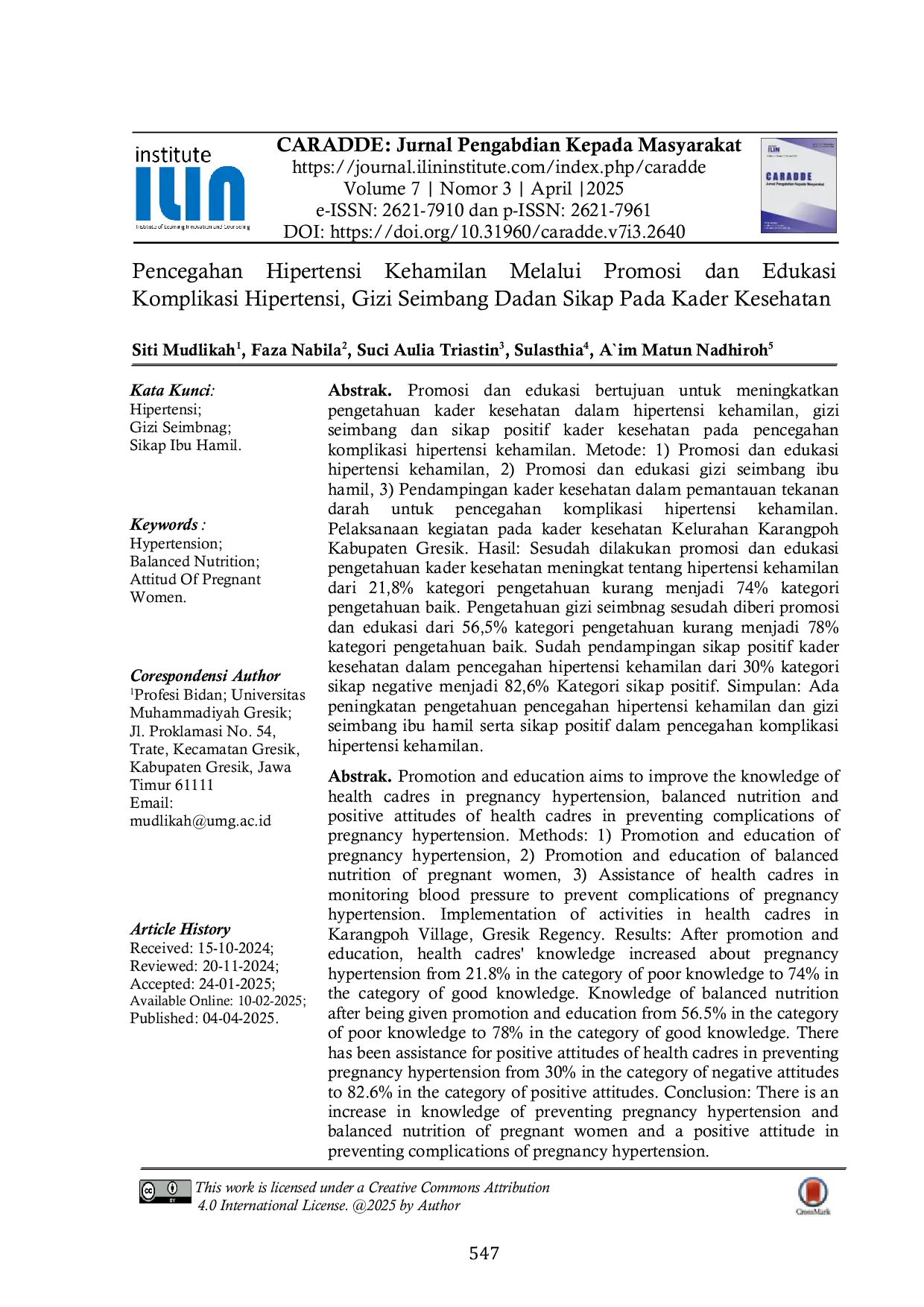 JURIS Pencegahan Hipertensi Kehamilan Melalui Promosi dan Edukasi Komplikasi Hipertensi Gizi Seimbang Dadan Sikap Pada Kader Kesehatan