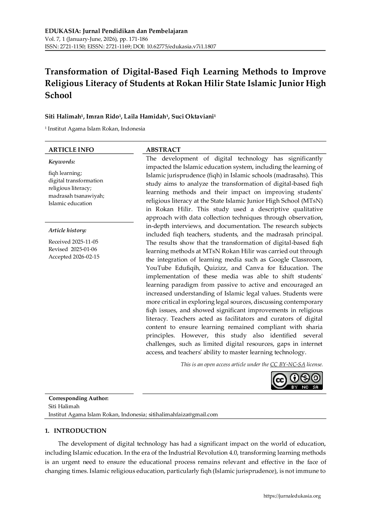 JURIS Transformation of Digital Based Fiqh Learning Methods to Improve Religious Literacy of Students at Rokan Hilir State Islamic Junior High School