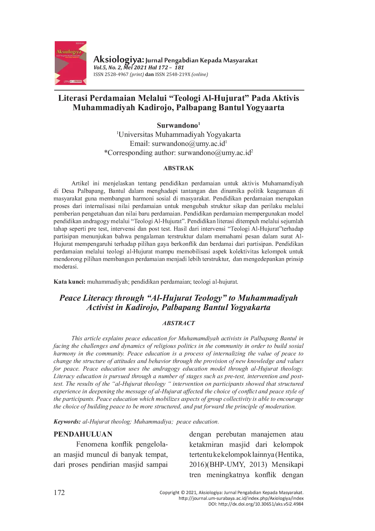 JURIS Literasi Perdamaian Melalui Teologi Al Hujurat Ay Pada Aktivis Muhammadiyah Kadirojo Palbapang Bantul Yogyaarta