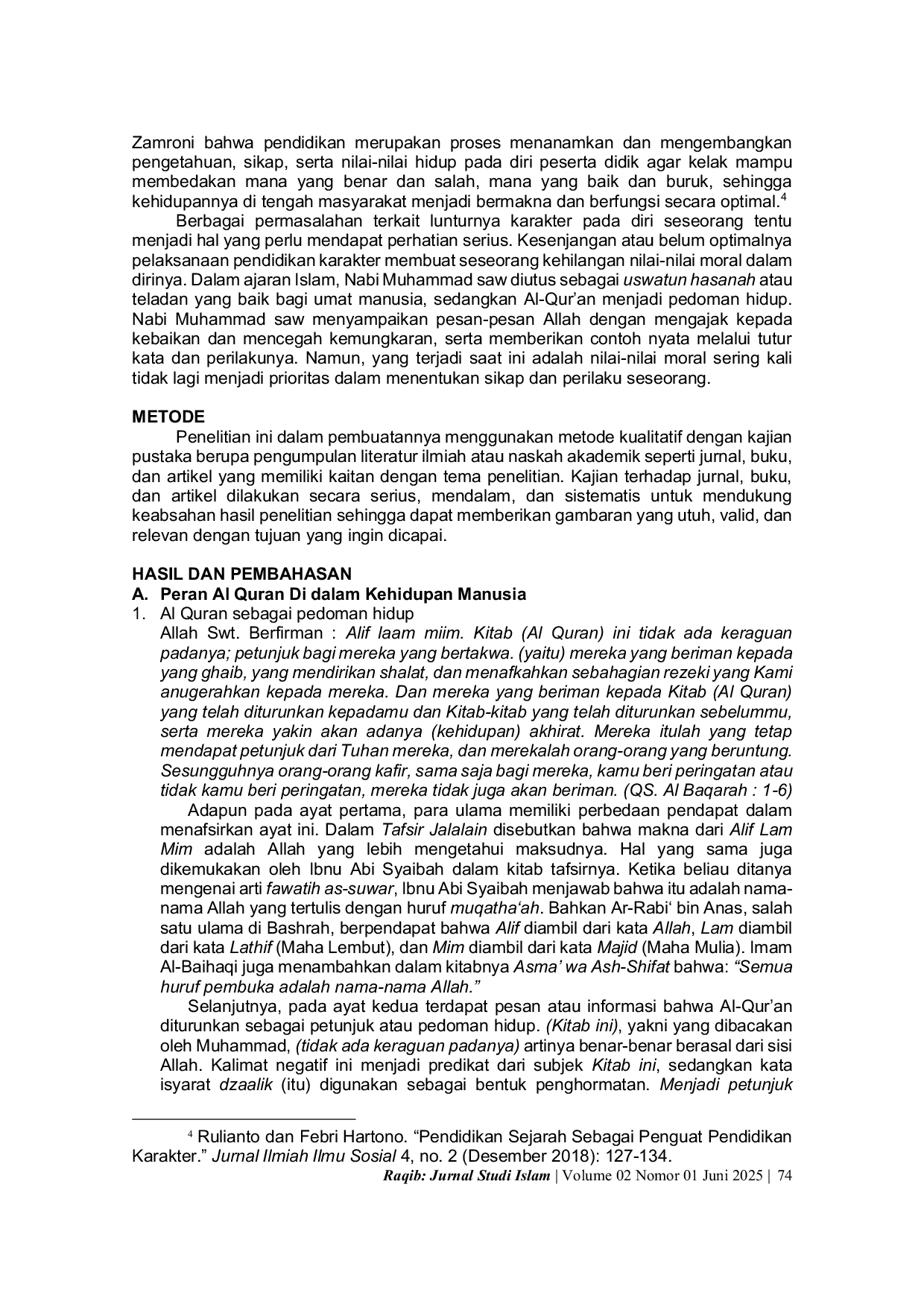 JURIS PENGARUH AL QUR AN DALAM PENDIDIKAN KARAKTER The Influence of the Quran in Character Education