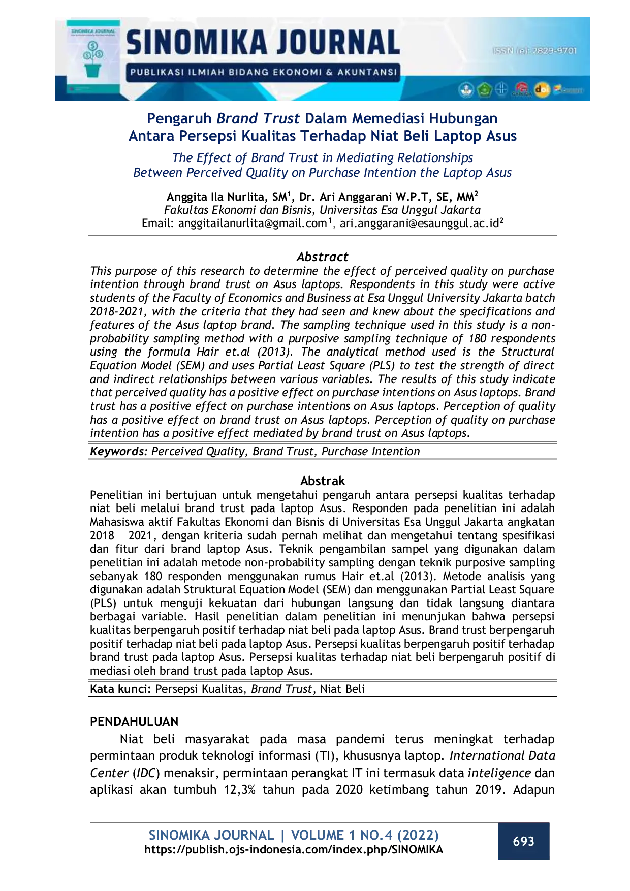 JURIS Pengaruh Brand Trust Dalam Memediasi Hubungan Antara Persepsi Kualitas Terhadap Niat Beli Laptop Asus