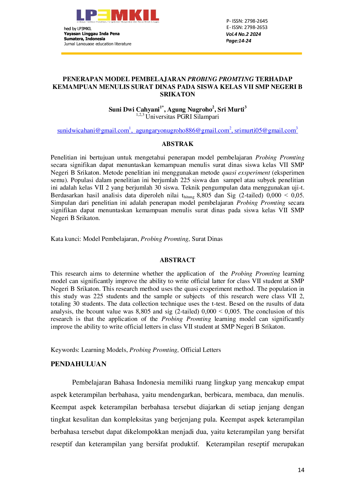 JURIS Penerapan Model Pembelajaran Probing Promting Terhadap Kemampuan Menulis Surat Dinas Pada Siswa Kelas Vii Smp Negeri B Srikaton