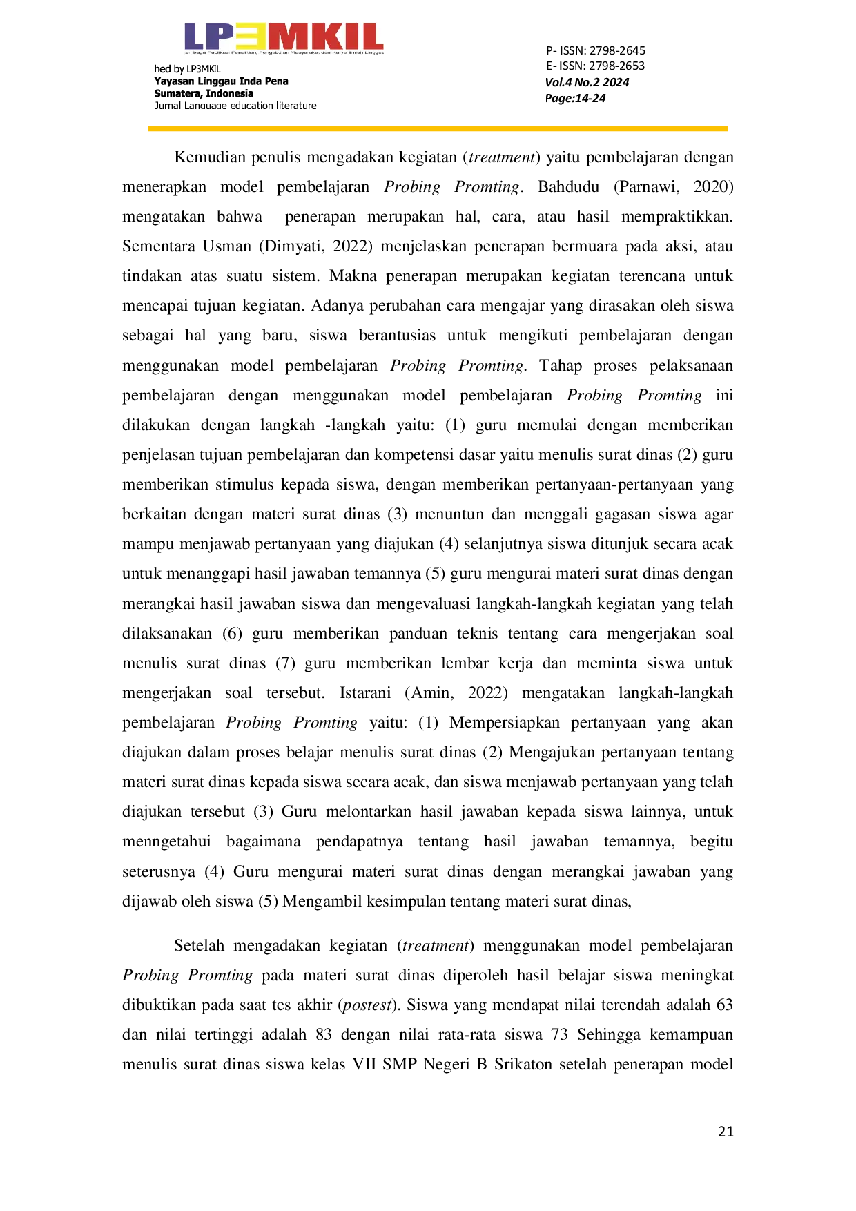 JURIS Penerapan Model Pembelajaran Probing Promting Terhadap Kemampuan Menulis Surat Dinas Pada Siswa Kelas Vii Smp Negeri B Srikaton