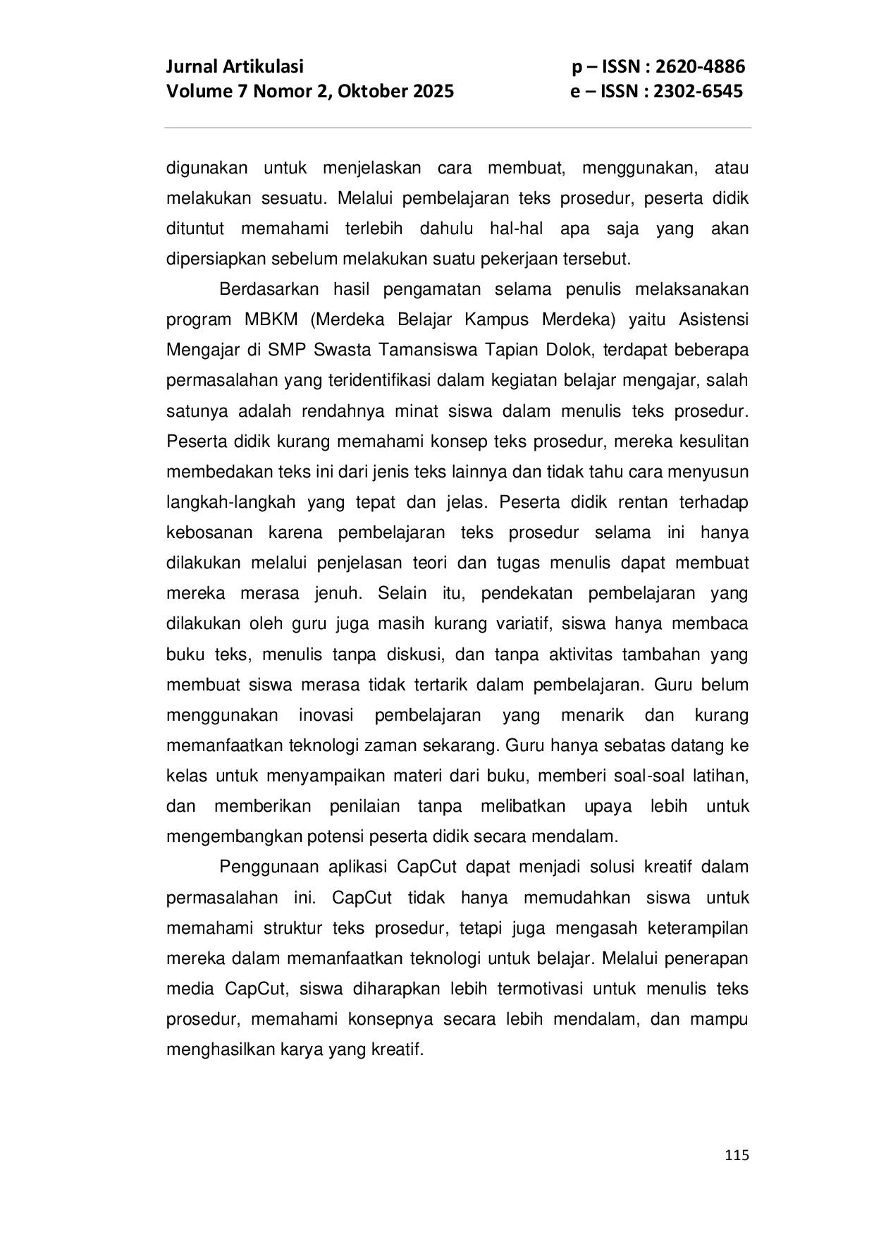 JURIS Pengaruh Penggunaan Aplikasi Video Capcut Terhadap Kemampuan Menulis Teks Prosedur Siswa Kelas VII SMP Swasta Tamansiswa Tapian Dolok