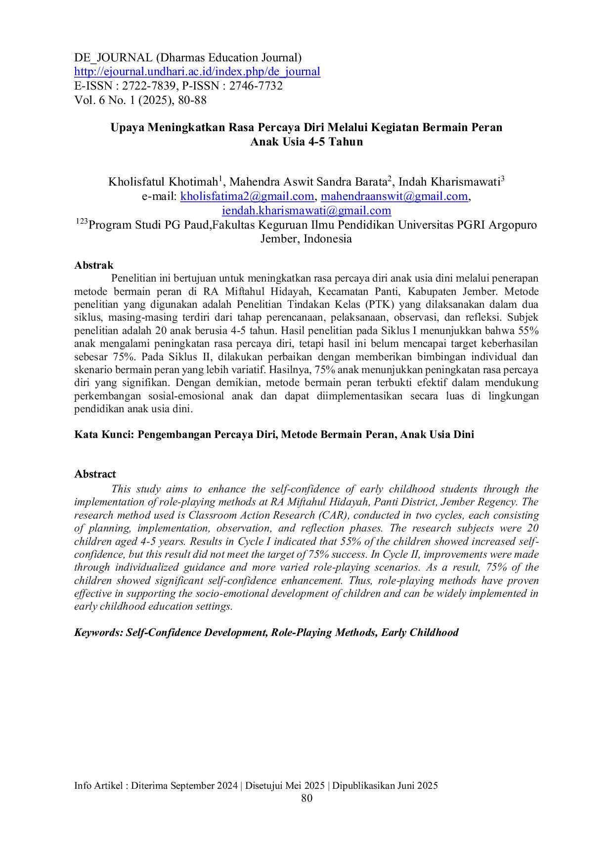JURIS Efforts to Increase Self Confidence through Role Play Activities for 4 5 Year Old Children